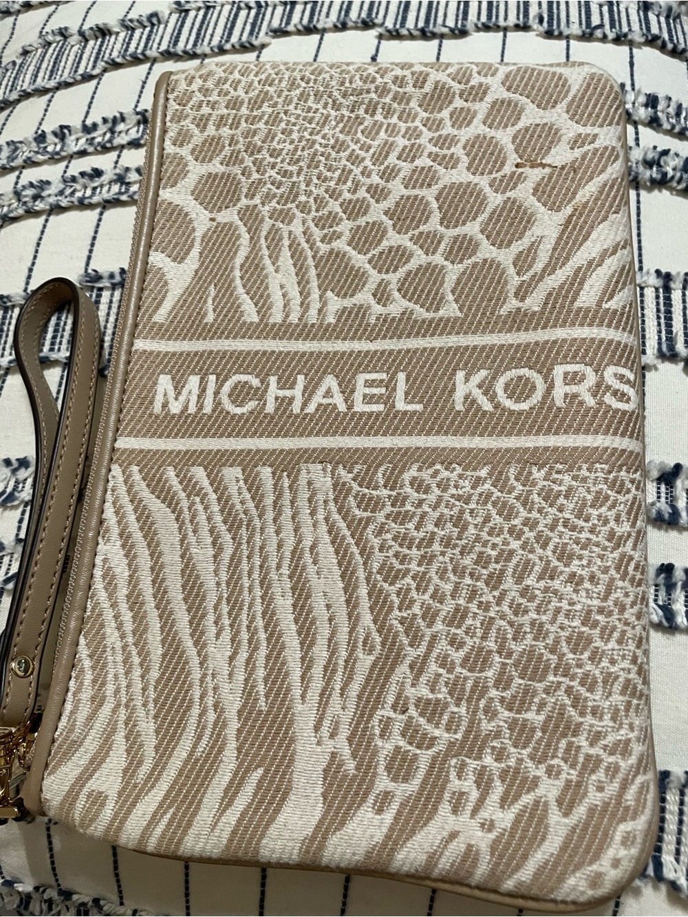 Michael Kors Cream and Tan Logo Wristlet with Animal Jacquard